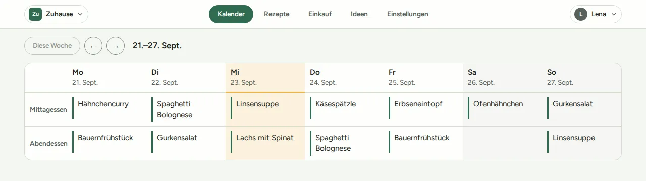 Der Wochenkalender von Wenu, mit Mittag- und Abendessen für jeden Tag