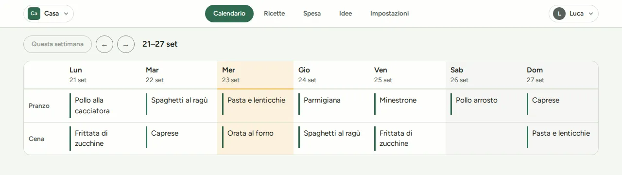 Il calendario settimanale di Wenu, con il pranzo e la cena di ogni giorno